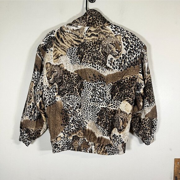Retro Silk Animal Print M Bomber Jacket Black Leopard Safari Neutral Classic 90s - Picture 10 of 11